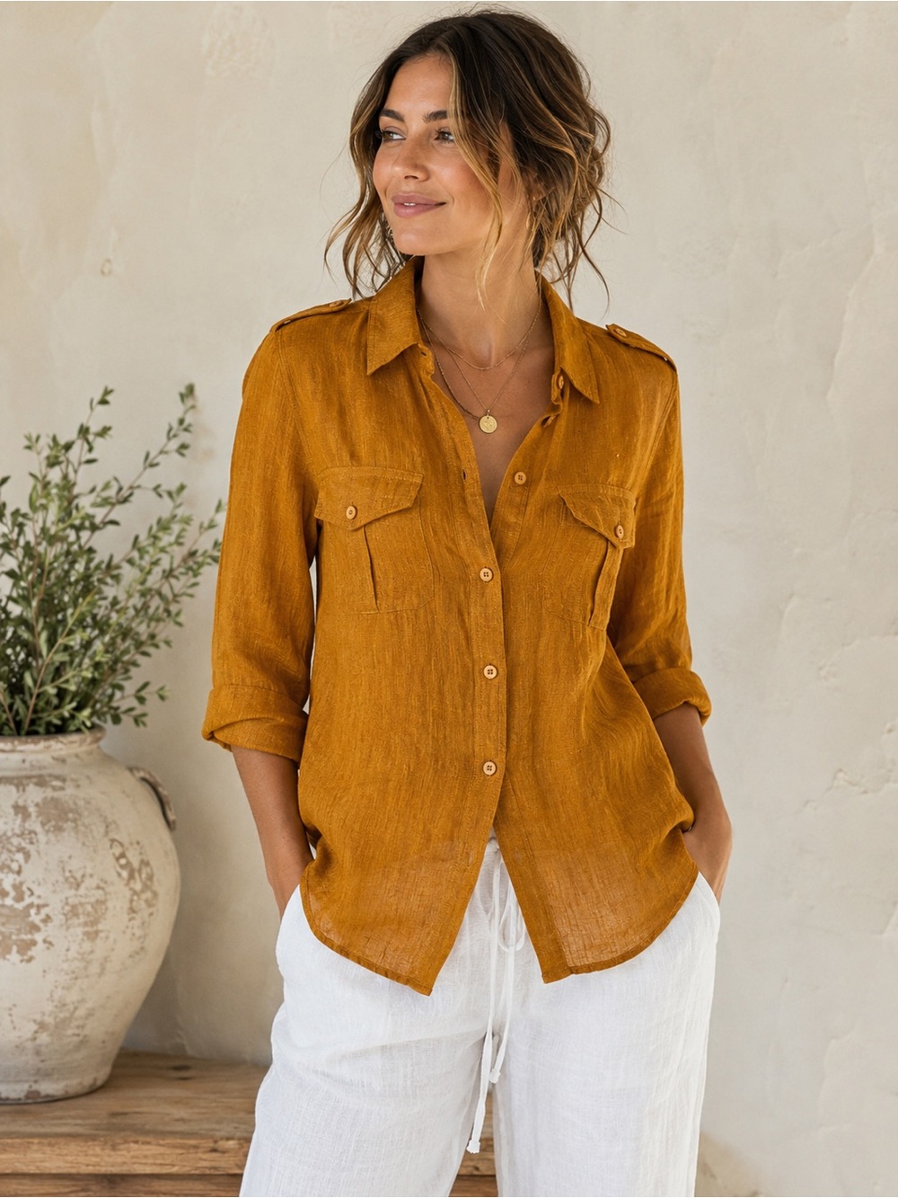 Finity Naturals 100% Linen Mustard Button Down Utility Shirt Size Small
